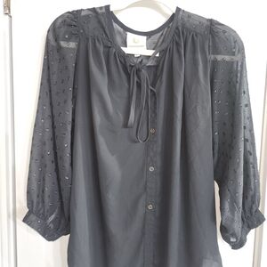 Grand & Greene Dark Gray Blouse with Sheer Patterned Sleeves